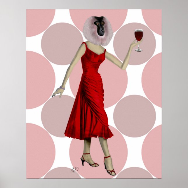 Affe im Roten Kleid mit Wein Poster (Vorne)