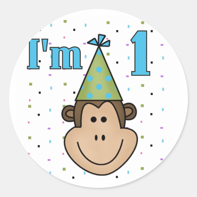 Affe in Party Hat 1st Birthday Tshirts Runder Aufkleber (Vorderseite)