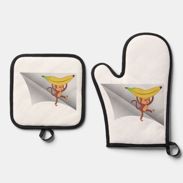Affe mit Banane unter dem Pflaster Ofenhandschuh & Topflappen-Set (Vorderseite)