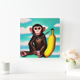 Affe mit einem großen Bananengemälde Quadratische Wanduhr