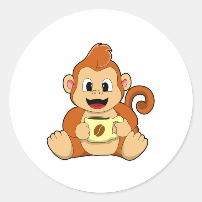 Affe mit Kaffee-Cup Runder Aufkleber (Vorderseite)