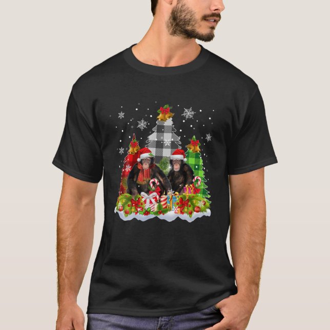Affe mit Karierten Weihnachtsbäumen Schnee passend T-Shirt (Vorderseite)