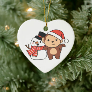 Affe mit Schneemann im Winter für Weihnachten Cera Keramik Ornament