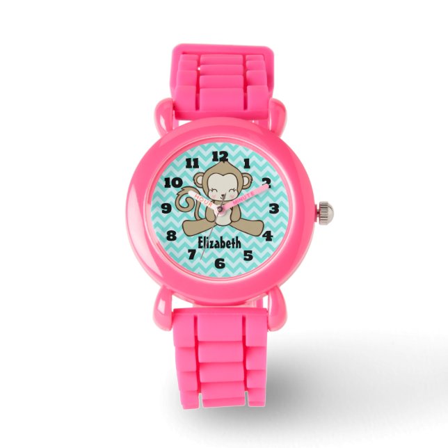 Affe Niedlich & Kawaii Auf blau Zickzack Personali Armbanduhr (Vorderseite)