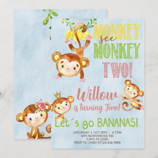 Affe sehen Affe zwei Mädchen Geburtstagseinladung. Einladung