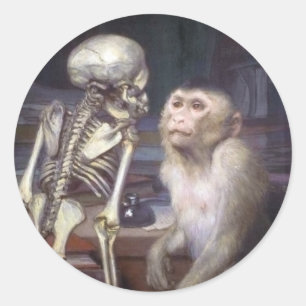 Affe vor Skelett Runder Aufkleber