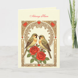 Affectionate Birds and Red Roses Art Nouveau Karte