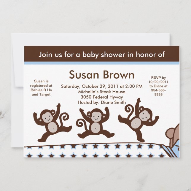 Affen Jumpin auf der Bed Baby Shower Einladung (Vorderseite)