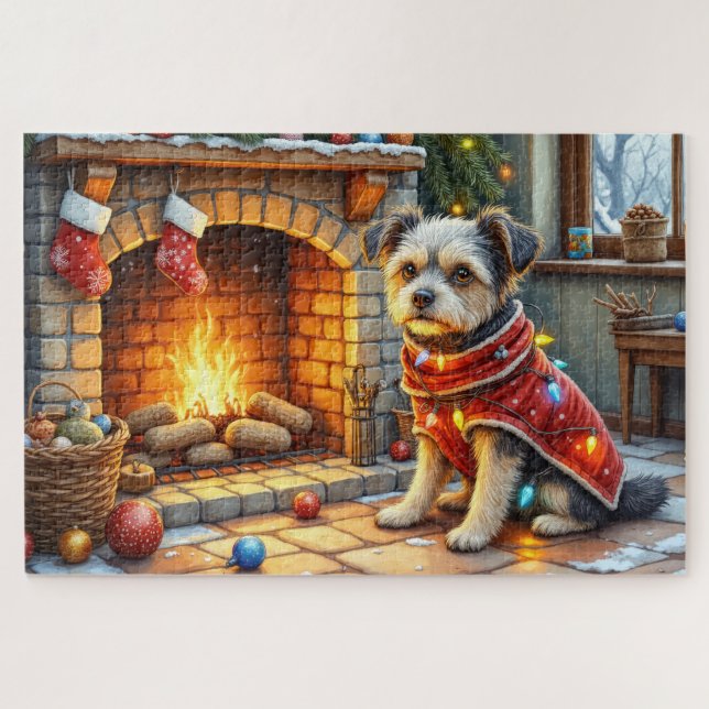 Affenpinscher Dog by Cozy Christmas Fireplace (Horizontal)