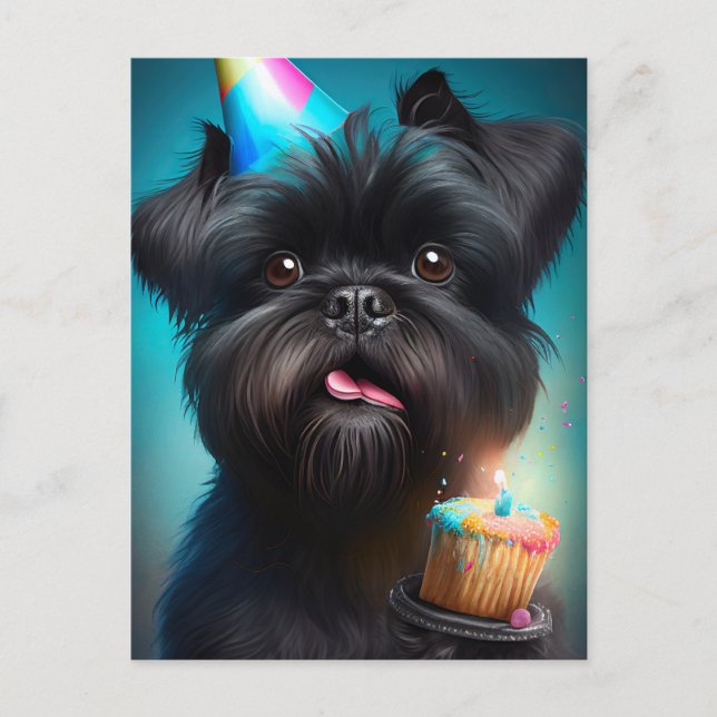 Affenpinscher feiert Geburtstagskuchen Postkarte (Vorderseite)