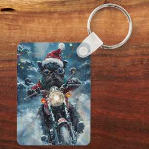Affenpinscher Hund fährt Motorrad Weihnachten Schlüsselanhänger