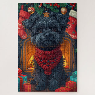 Affenpinscher-Hund mit Weihnachtsgeschenken Kamin