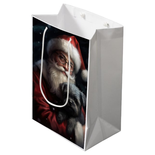 Affenpinscher mit dem Weihnachtsmann Weihnachten Mittlere Geschenktüte (Vorderseite Schrägansicht)