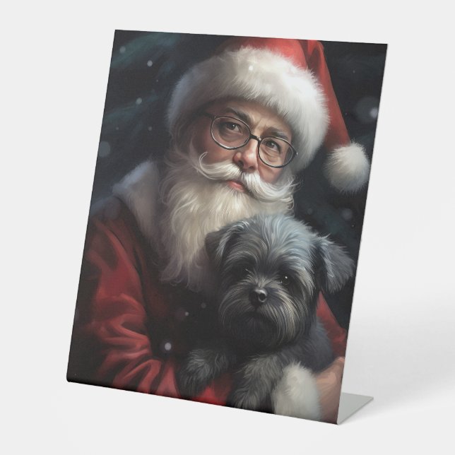 Affenpinscher mit dem Weihnachtsmann Weihnachten Sockelschild (Vorderseite)