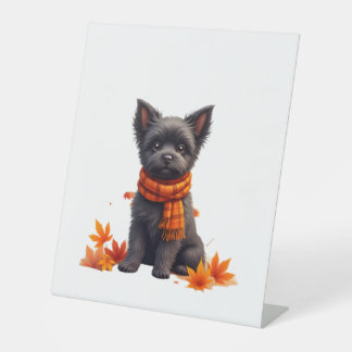 Affenpinscher mit Herbst-Blättern Sockelschild