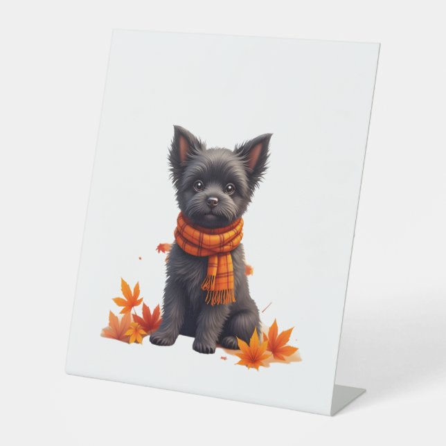 Affenpinscher mit Herbst-Blättern Sockelschild (Vorderseite)
