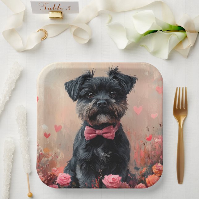 Affenpinscher mit Rose - Valentinstag Pappteller (Hochzeit)