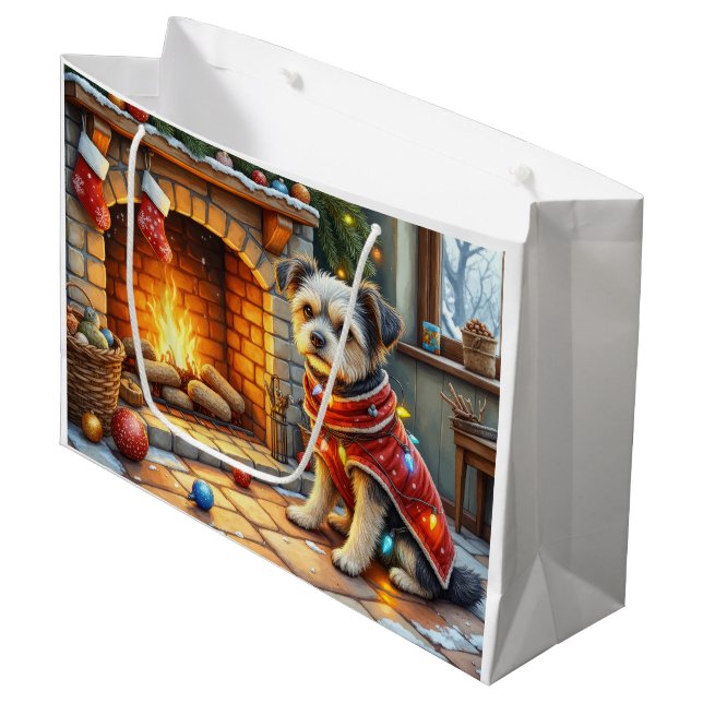 Affenpinscher Sitting Fireplace Christmas Lights Große Geschenktüte (Vorderseite Schrägansicht)