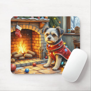 Affenpinscher sitzt vor dem Kamin mit Weihnachtsbe Mousepad