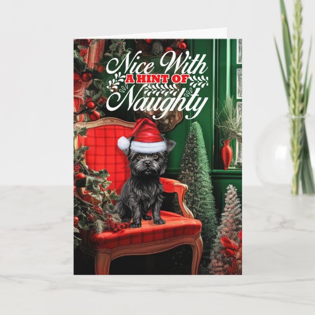 Affenpinscher Weihnachtshund Naughty oder Nice Feiertagskarte (Vorderseite)