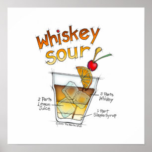 AFFICHE 16" x 16", RECETTE WHISKEY SOUR ART COCKTA