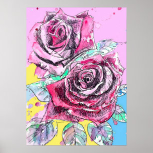 Affiche à l'aquarelle de fleurs de roses rouges