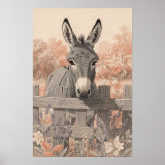 Affiche Âne Gris à la Clôture du Jardin de Lavande
