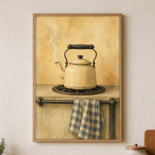 Affiche aquarelle Bouilloire émaillée sur la cuisi
