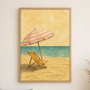 Affiche aquarelle parasol et chaise de plage