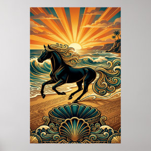 Affiche Art Déco Cheval Noir Vagues de Plage Couch