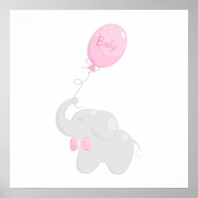 affiche baby shower avec éléphant et ballon rose (Devant)