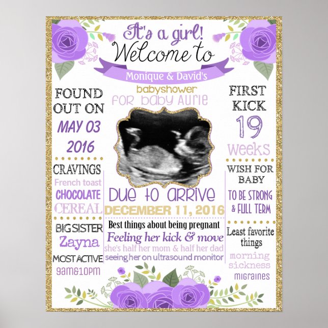 Affiche Babyshower Fleurs c'est une fille violet (Devant)