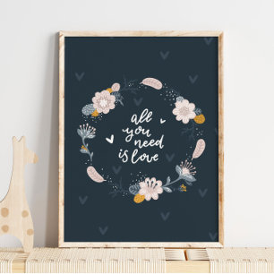 Affiche bébé couronne de fleurs oiseau Art mural
