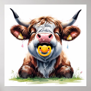 Affiche Bébé Vache Highland Fleurie Rose