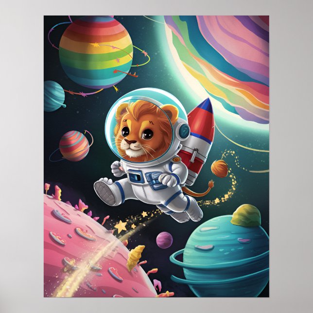 Affiche Boho Illustration Lion dans l'Espace (Devant)