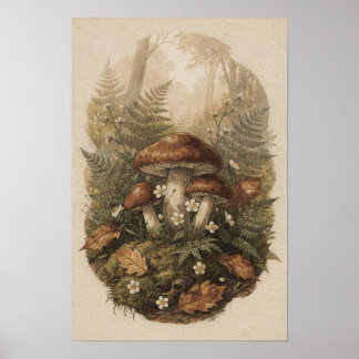 Affiche botanique de forêt de champignons de bois