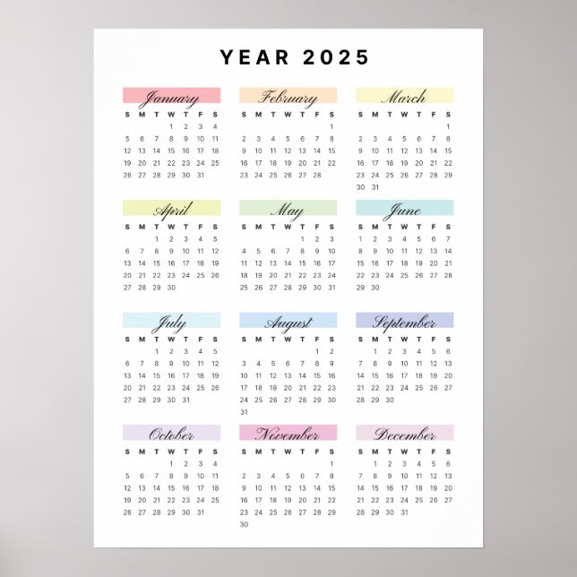 Affiche Calendrier minimaliste Arc-en-ciel 2025 (Devant)