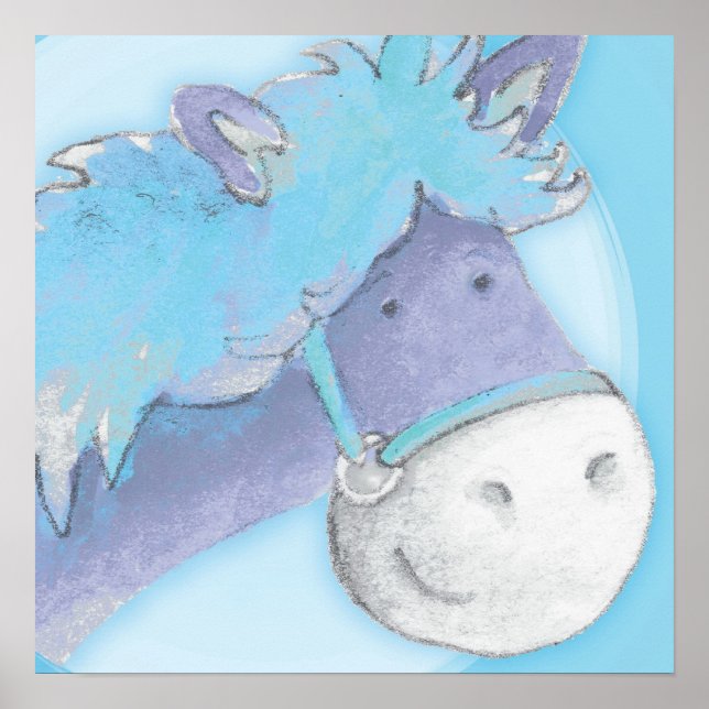 Affiche carrée bébé bleu art de poney pour enfants (Devant)