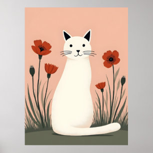 Affiche Chat Blanc Fleurs de Pavot Rouge