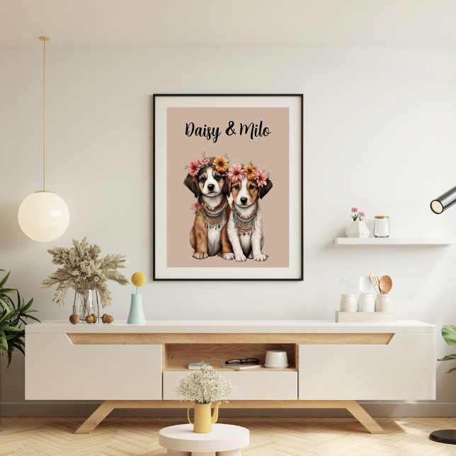 Affiche Chiots Boho avec Fleurs (Boho Puppies with Flowers Poster)