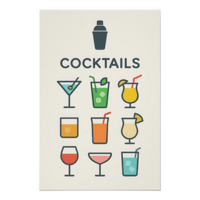 Affiche Cocktails - martini, mojito, pina colada (Devant)