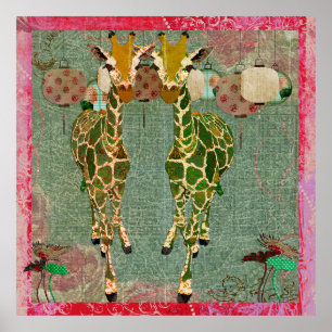 Affiche crépusculaire rose d'art de girafes d'or