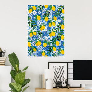 Affiche d'art à motif de carreaux bleus et citrons