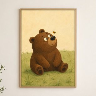 Affiche d'art aquarelle fantaisiste Ours et Abeill