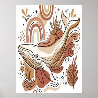 Affiche d'art botanique océan baleine boho