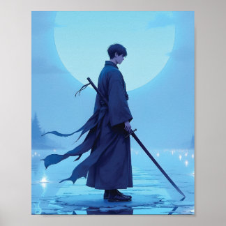 Affiche d'art d'anime Pleine Lune Samouraï Solitai