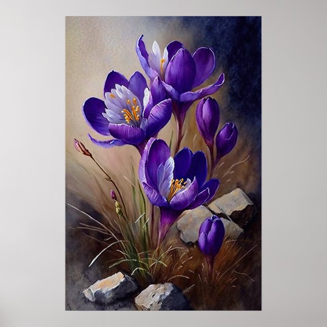 Affiche d'art de fleurs de crocus violettes (Devant)