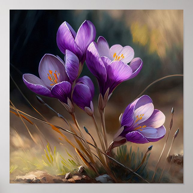 Affiche d'art de fleurs de crocus violettes (Devant)