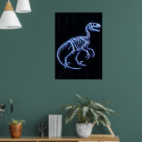Affiche d'art de squelette de dinosaure bleu néon