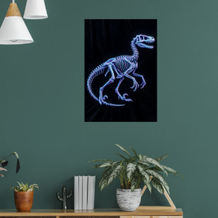 Affiche d'art de squelette de dinosaure bleu néon 